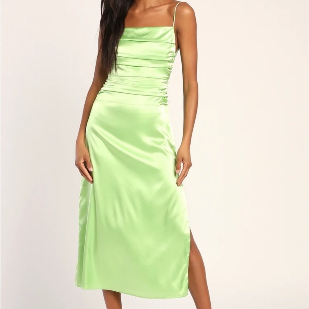 Lime green satin midi dress